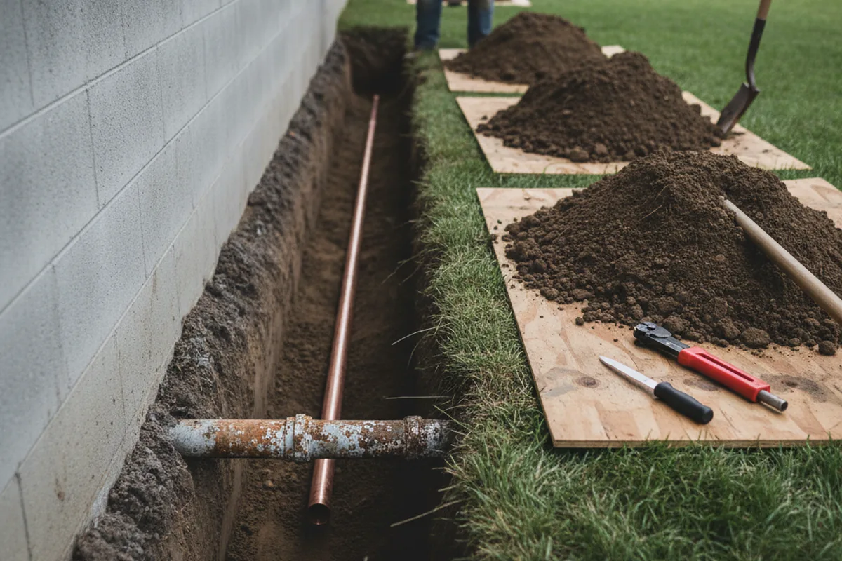 Excavated water line trench during Sewer Line Repair in Marlow
